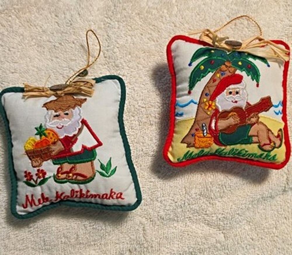 2 Mele Kalikimaka Santa Claus Embroidered Fabric Hanging Pillow Ornaments Hawaii